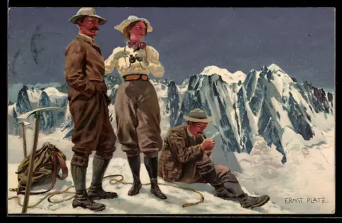 Künstler-AK Ernst Platz: Bergsteiger bei der Rast mit Pfeife