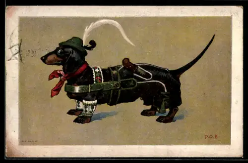 Künstler-AK P. O. Engelhard (P.O.E.): Dackel in bayerischen Lederhosen