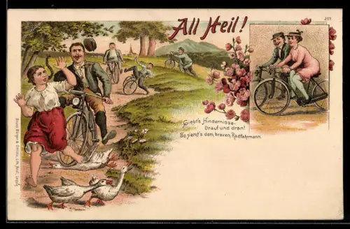 Lithographie Fahrradfahrer auf dem Waldweg, Einer fährt eine Gans tot