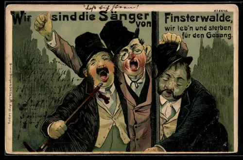 Künstler-AK Bruno Bürger & Ottillie Nr. 2205: Finsterwalde, Drei Betrunkene singen auf der Strasse