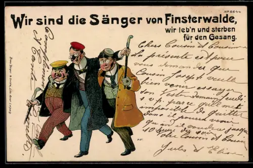 Künstler-AK Bruno Bürger & Ottillie Nr. 6644: Finsterwalde, Drei Verbindungsstudenten mit frischen Schmissen