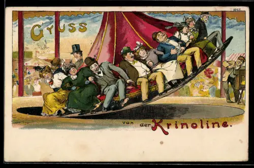 Künstler-Lithographie Michaelis: Damen und Herren auf dem Krinoline und Mann mit Leierkasten