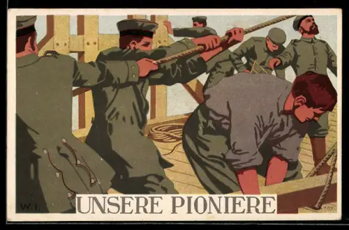 Künstler-AK W.I.: Matrosen an Deck