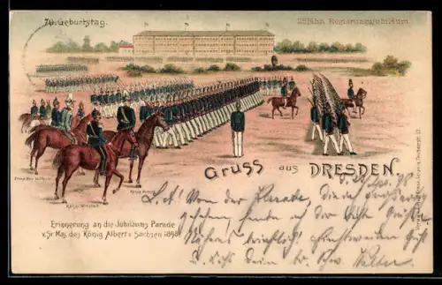 Lithographie Dresden, König Albert von Sachsen bei der Jubiläumsparade 1898