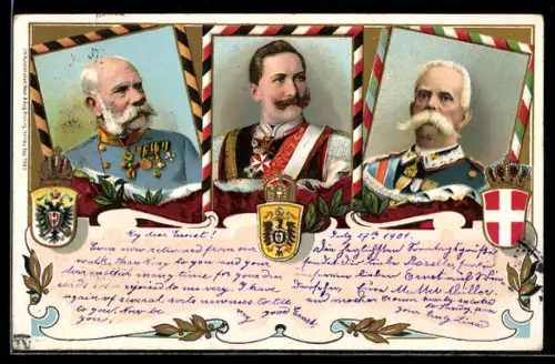 AK Portraits von Kaiser Franz Josef I. von Österreich, Kaiser Wilhelm II. und Umberto I. von Italien