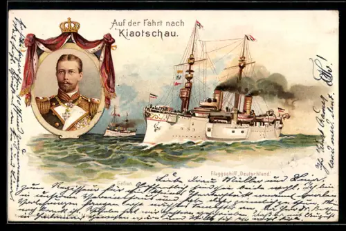 Lithographie Flaggschiff Deutschland u. Gefion, Ostasiengeschwader auf Fahrt nach Kiaotschau, Prinz Heinrich v. Preussen