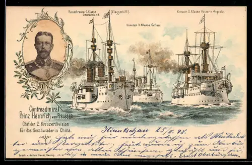 Lithographie China, Conteradmiral Prinz Heinrich von Preussen, Panzerkreuzer 1. Klasse Deutschland auf hoher See
