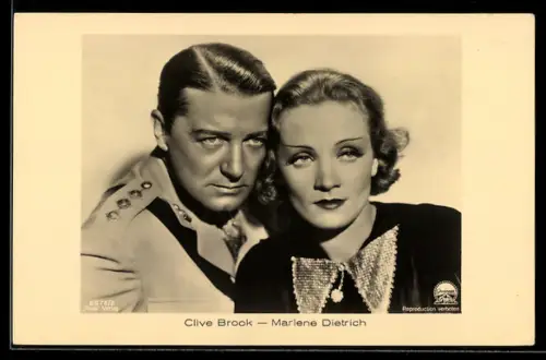 AK Schauspieler Marlene Dietrich und Clive Brook in einer gemeinsamen Filmszene