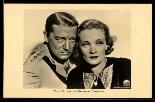 AK Schauspieler Marlene Dietrich und Clive Brook in einer gemeinsamen Filmszene