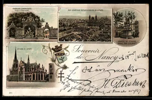 Vorläufer-Lithographie Nancy, 1895, Eglise St. Epure, Statue de Jeanne D`Arc Par Fremiet, Fontaine L`Amphitrite