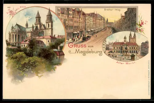Lithographie Magdeburg, Blick auf den Dom, Alter Markt und belebter Breiter-Weg