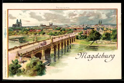 Lithographie Magdeburg, Panorama und Brücke mit Strassenbahn