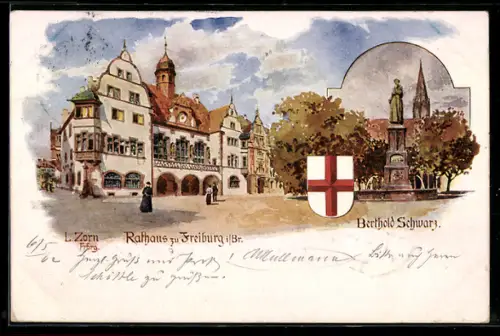 Goldfenster-AK Freiburg i. Br., Denkmal Berthold Schwarz, Rathaus mit leuchtenden Fenstern