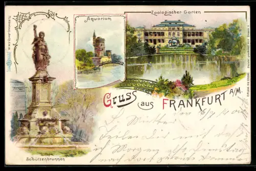 Lithographie Frankfurt-Ostend, Zoologischer Garten, Ruine mit Weiher und Schützenbrunnen