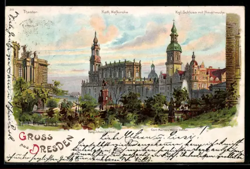 Lithographie Dresden, Hofkirche, Königliches Schloss m. Hauptwache, Denkmäler