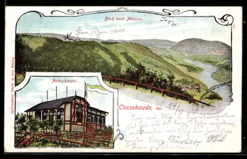 Lithographie Cossebaude, Gasthaus Parkschänke, Blick nach Meissen