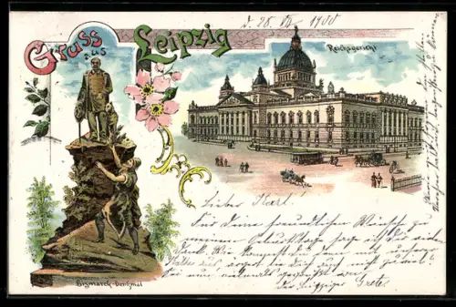 Lithographie Leipzig, Reichsgericht, Bismarck-Denkmal, Rosafarbene Blumen, Strassenbahn, um 1900