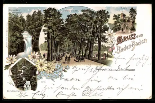 Lithographie Baden-Baden, Lichtenthaler Allee, Geroldsauer Wasserfall, Yburg, Gertelbachfall