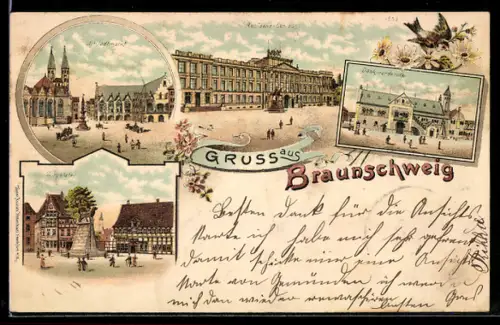Lithographie Braunschweig, Residenzschloss, Burgplatz und Altstadtmarkt