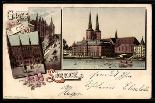 Lithographie Lübeck, Dom, Aussen- und Innenansichten