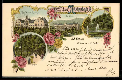 Lithographie Bad Neuenahr, Kloster Mariahilf, Kur-Hôtel, Kurgarten, Wiesenallee