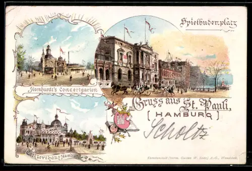 Lithographie Hamburg-St. Pauli, Spielbudenplatz, Hornhardt`s Concertgarten