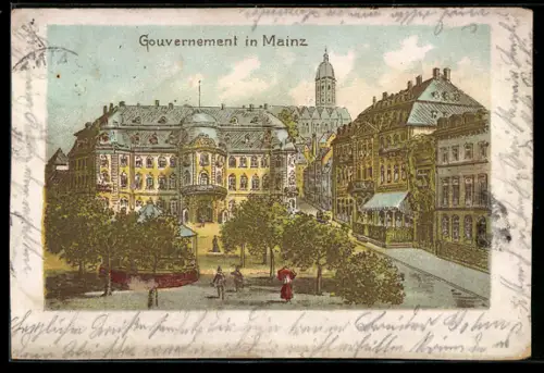 Lithographie Mainz, Gouvernement mit Strassenpartie