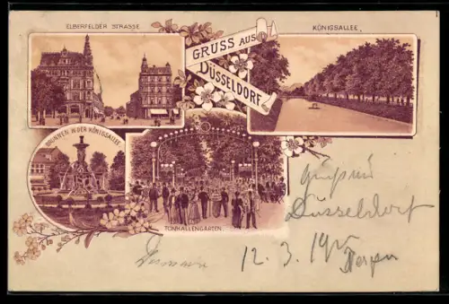 Lithographie Düsseldorf, Elberfelder Strasse, Brunnen in der Königsallee, Königsallee, Tonhallengarten