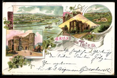 Lithographie Trier, Römische Therme, Porta nigra, Panorama um 1900