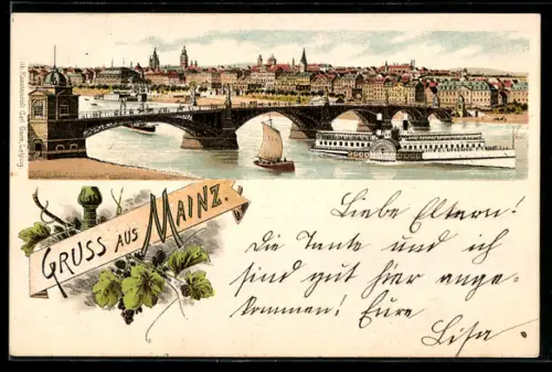 Lithographie Mainz, Brückenpanorama mit Raddampfer, Weintrauben und Römerglas