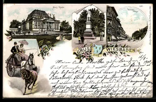 Lithographie Wiesbaden, Kutschpartie, Neues Theater, Kaiser Wilhelm-Denkmal, Wilhelm-Strasse