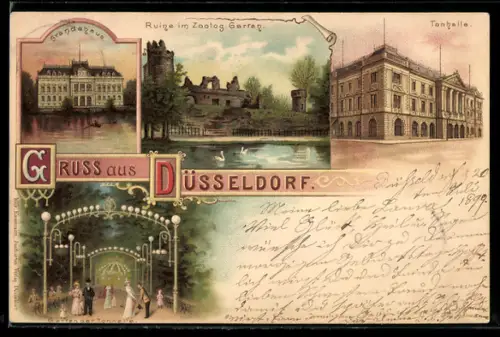 Lithographie Düsseldorf, Ständehaus, Ruine im Zoolog. Garten, Tonhalle