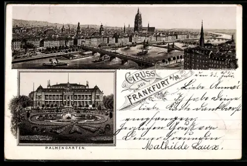 Lithographie Frankfurt-Westend, Panorama der Stadt, Totalansicht Palmengarten
