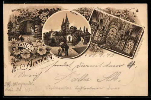 Vorläufer-Lithographie Arenberg, 1895, Kirche, Innenansicht, Oelberg