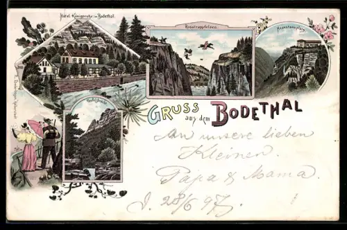 Lithographie Thale, Hotel Königsruhe im Bodethal, Hotel auf dem Hexentanzplatz