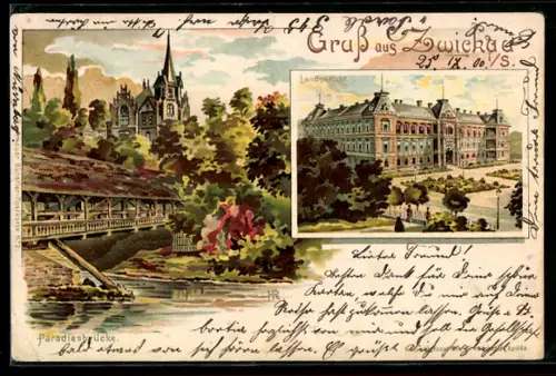 Lithographie Zwickau i. S., Landgericht, Paradiesbrücke