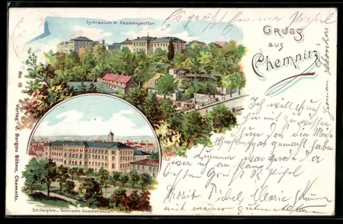 Lithographie Chemnitz, Gymnasium mit Kassbergauffahrt, Schillerplatz und Technische-Staatslehranstalt