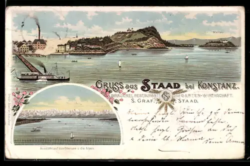 Lithographie Staad, Dampfer am Anleger vor dem Ort, Obersse und Alpen