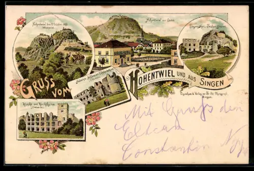 Lithographie Hohentwiel, Hadwigs Schloss, Kirche mit Kirchturm, Eingangstor zur Festungsruine