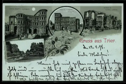 Mondschein-Lithographie Trier, Porta Nigra Nordseite und Südseite, Amphitheater