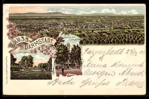 Lithographie Darmstadt, Herrengarten, Thurm auf der Ludwigshöhe, Ortspanorama