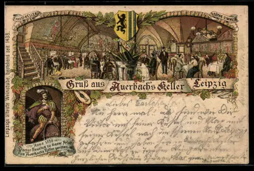 Vorläufer-Lithographie Leipzig, 1894, Gasthaus Auerbachs Keller, Innenansicht, Wappen
