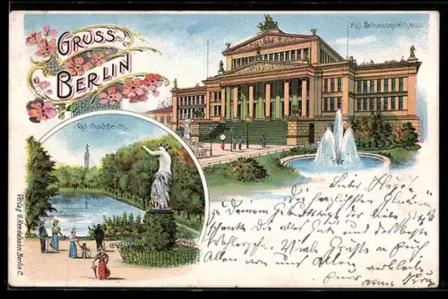 Lithographie Berlin, Königliches Schauspielhaus am Gendarmenmarkt, Goldfischteich