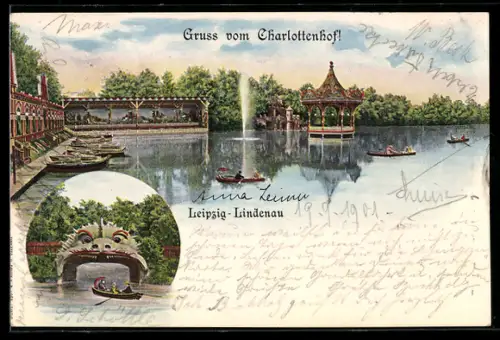 Lithographie Leipzig-Lindenau, Charlottenhof, Ruderpartien