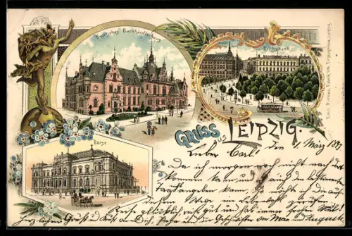 Lithographie Leipzig, Börse, Reichsbank, Deutsches Buchhändlerhaus