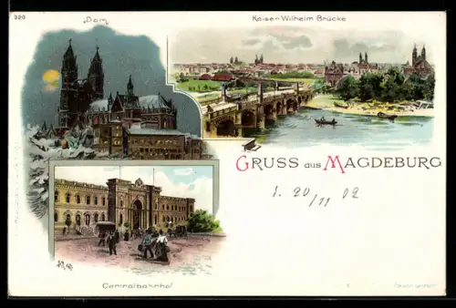 Lithographie Magdeburg, Dom bei Nacht, Kaiser-Wilhelm Brücke, Zentralbahnhof