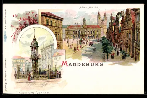 Lithographie Magdeburg, Alter Markt, Kaiser Otto-Denkmal