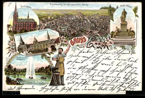 Lithographie Essen, Altkatholische Kirche und Münsterkirche, Pauluskirche, Krupp-Denkmal