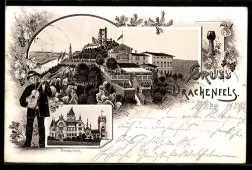 Lithographie Königswinter, Gasthaus Drachenfels