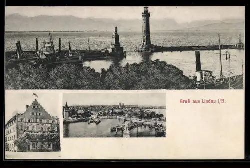 AK Lindau i. B., Hotel Landauer Hof, Aussicht von der Terrasse, Hafenpartie